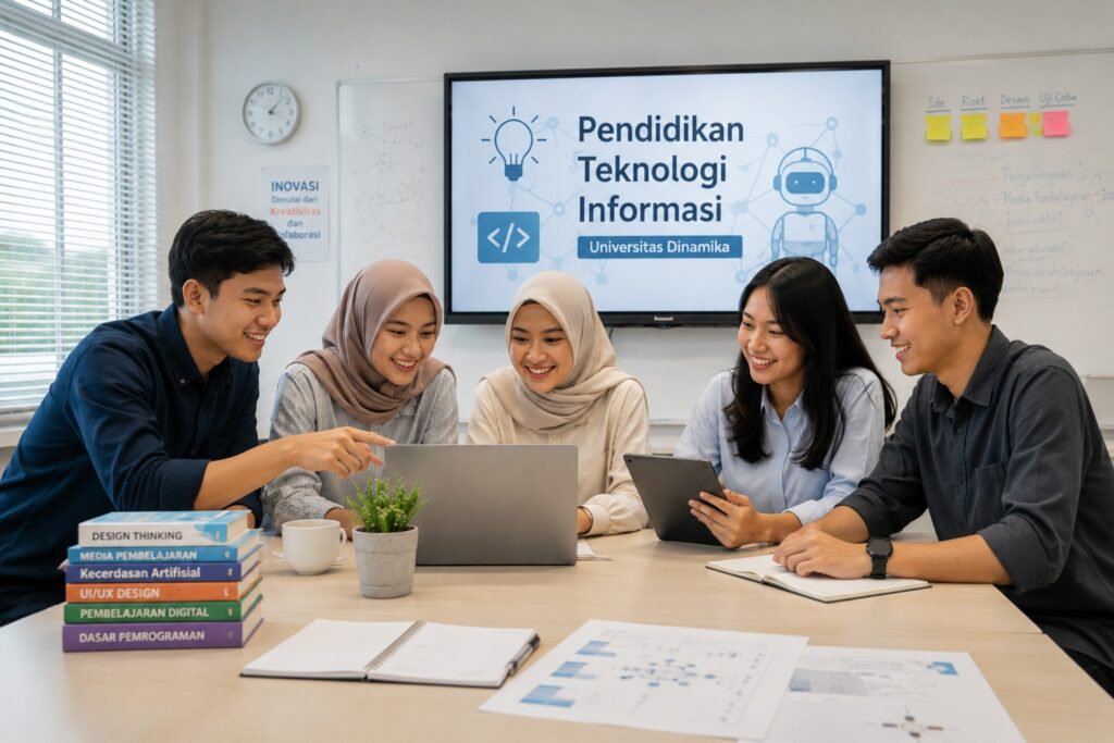 Pendidikan Teknologi Informasi Itu Tentang Apa? Ini yang Dipelajari Mahasiswa PTI Universitas Dinamika. Di Prodi S1 Pendidikan Teknologi Informasi Universitas Dinamika, mahasiswa belajar bagaimana menggabungkan pendidikan, teknologi, kreativitas, dan inovasi untuk menciptakan pembelajaran yang lebih bermakna dan berdampak.
Mereka belajar memahami manusia, menguasai teknologi, mengembangkan media pembelajaran digital, memanfaatkan AI, membangun kemampuan komunikasi, hingga menciptakan inovasi yang bermanfaat bagi masyarakat.